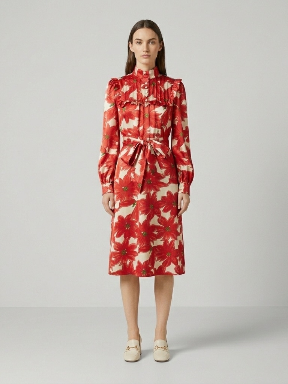 Vintage Poinsettia Floral Long Sleeve Midi Secretary Dress  - XS 🎅🏼